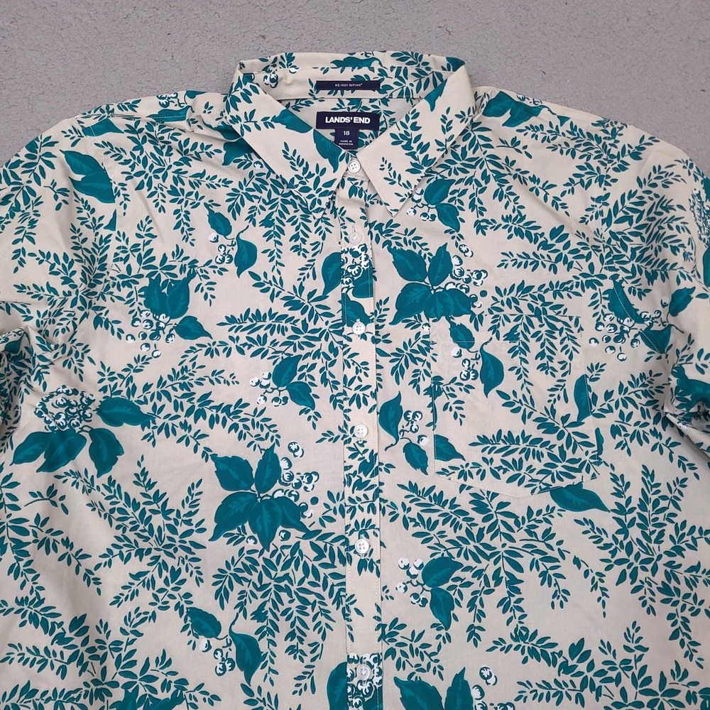 Lands' End Women 18 Green Beige Botanical Supima No Iron 3/4 Sleeve Button Shirt